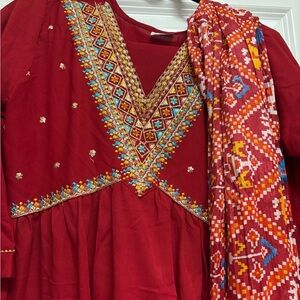 Nyra cut three piece Embroidered Red Ethnic Dress ( top, pant and duppata)